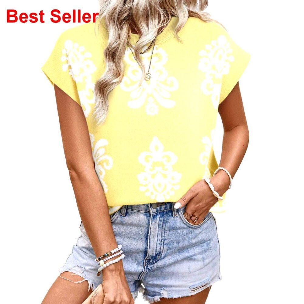 Lightweight Knit Sweater Vest, Cap Sleeve Crewneck Pullover, Boho Print Summer